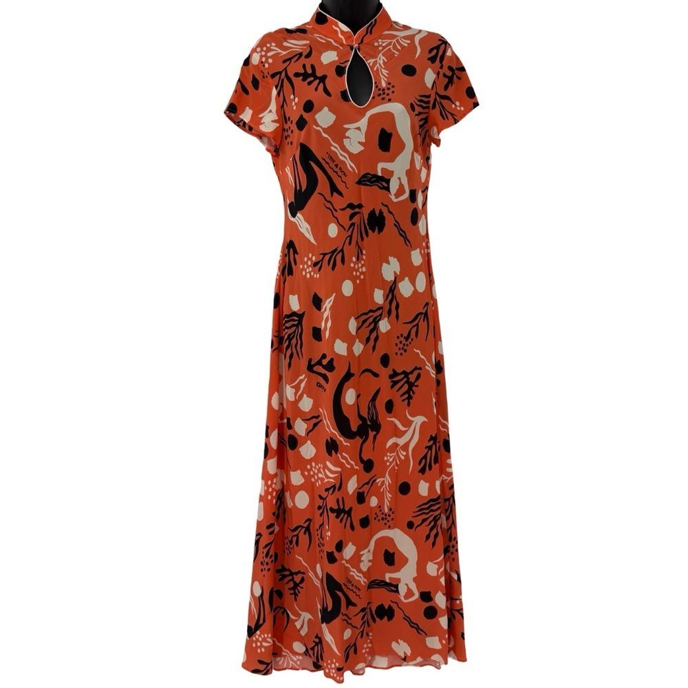 RIXO London Pepper Cutout Printed Silk Midi Dress in Orange Multi |  XS / 4 - Picture 2 of 7